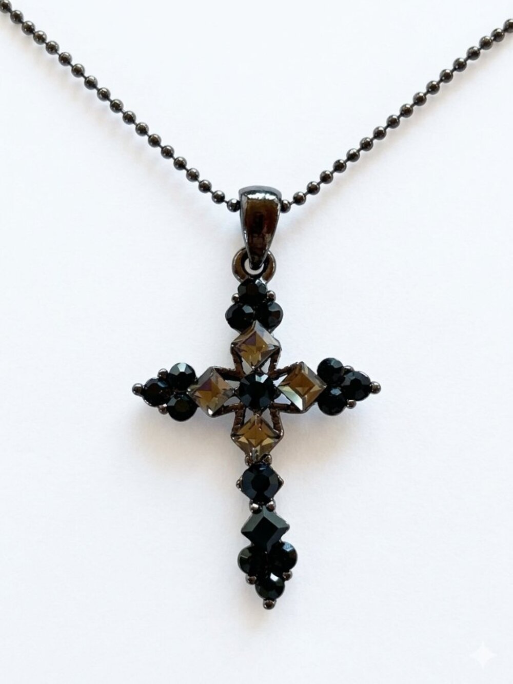 Cross Pendant Necklace Black Metal Black & Smokey Grey Rhinestones Ball Chain